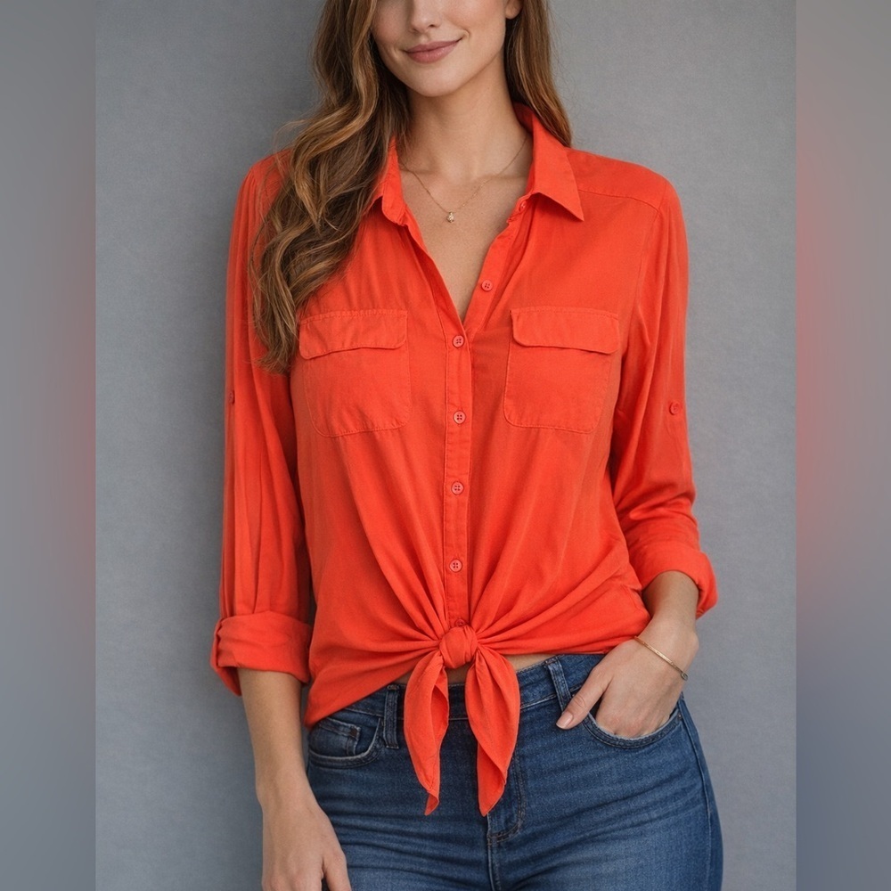Crémieux Orange Button Up Blouse Small 100% Rayon Lightweight Roll Tab Sleeve